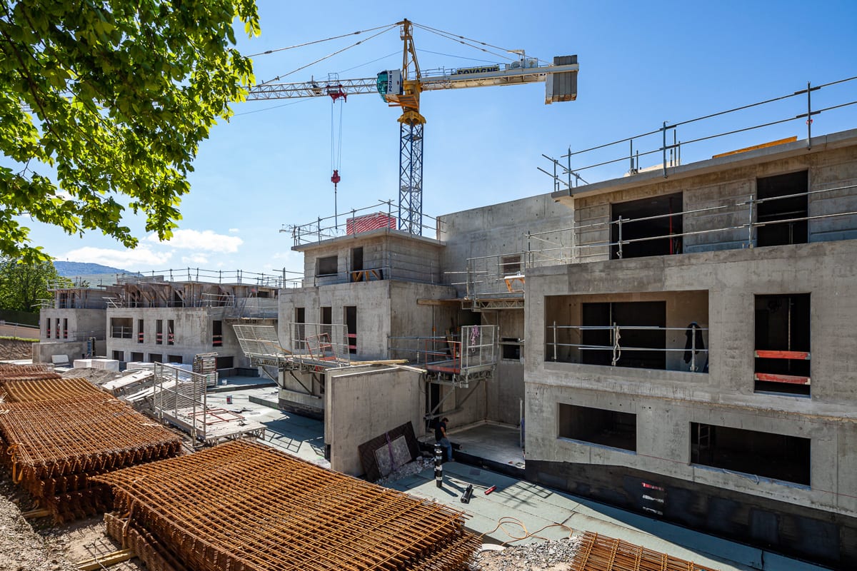 Arbre et fers à béton entreposés près de trois bâtiments en construction