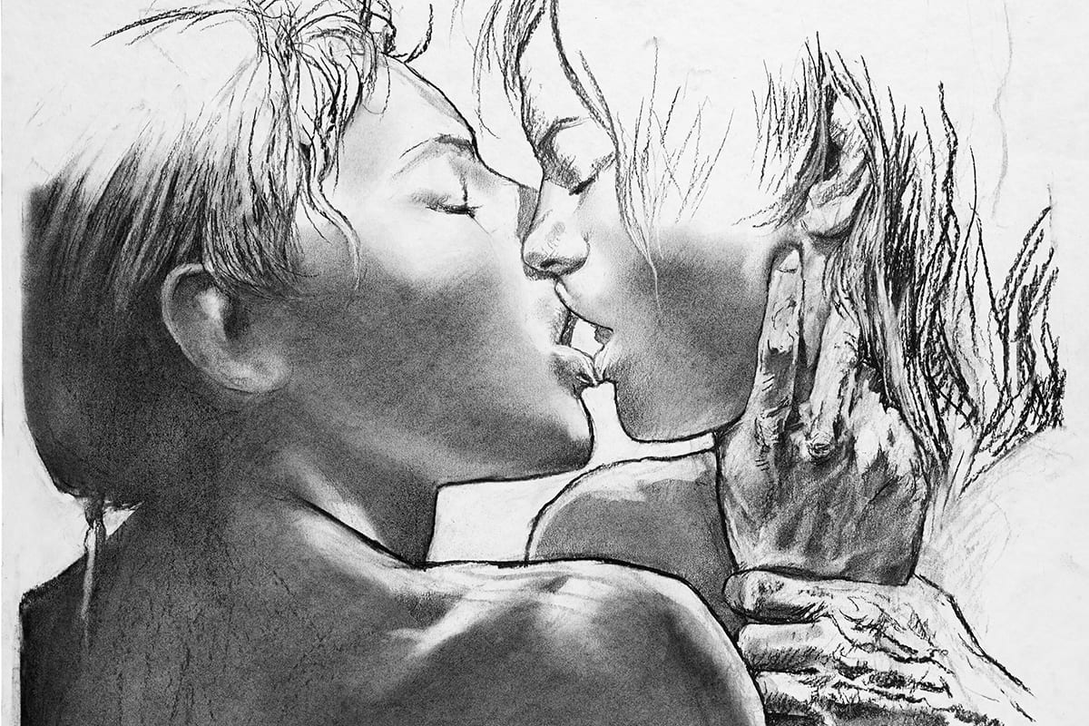 Superbe dessin en noir et blanc d'un couple se faisant un baiser sur la bouche