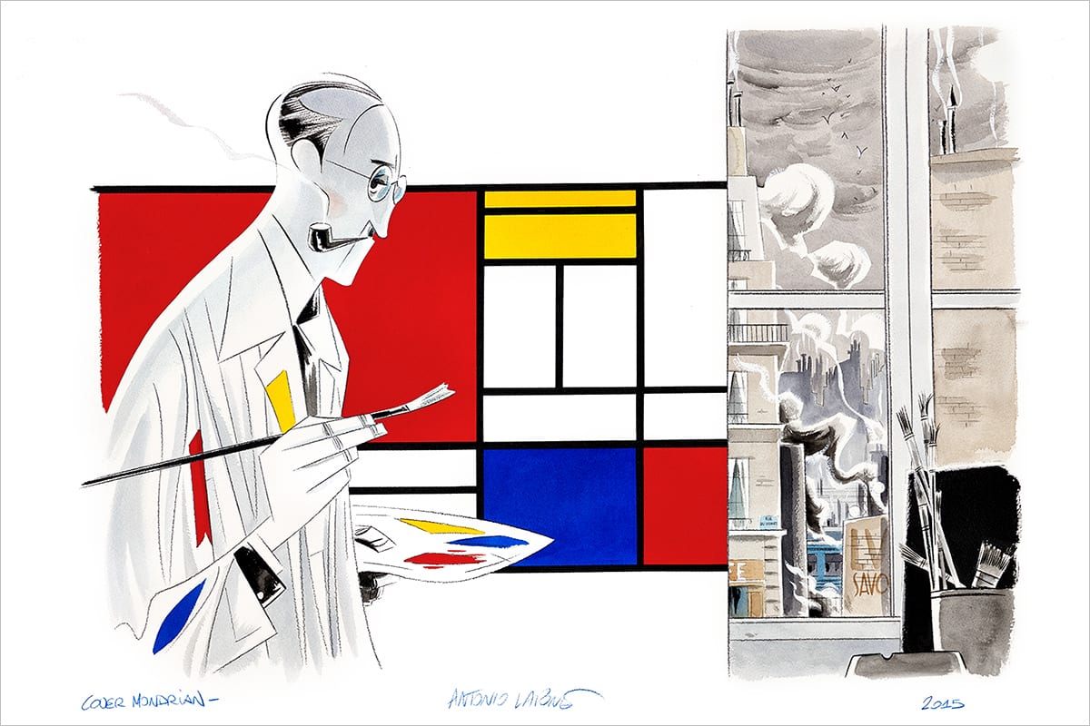 Dessin de couverture de la BD de Mondrian réalisant une peinture devant une fenêtre